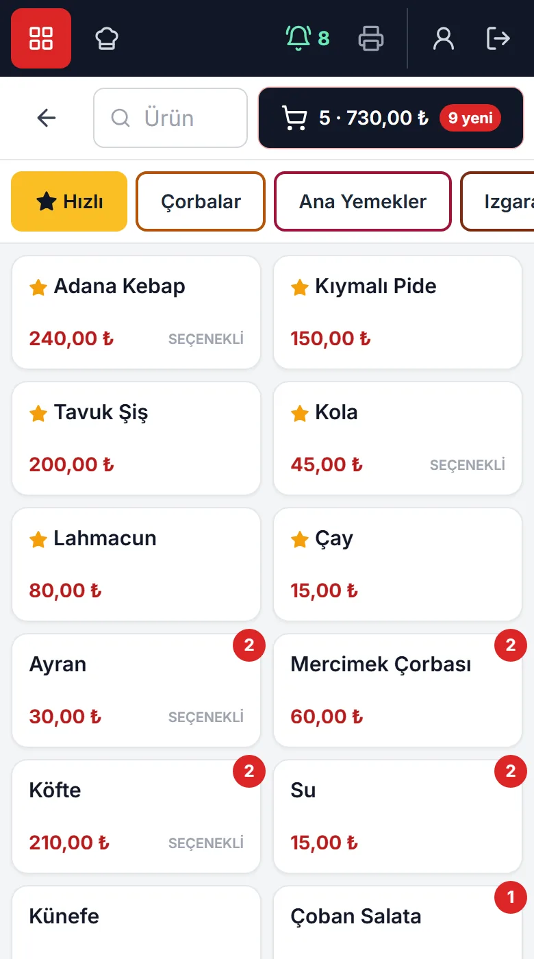 Garson telefonunda Flaş Restoran menüsü: kategoriler ve ürünler